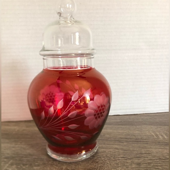 Vtg Hughes Ruby Glass Apothecary Jar with Etched Cornflower Design - Picture 2 of 12